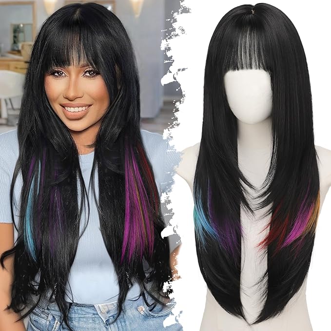 Long Black with Hidden Rainbow Highlights Wig with Bangs for Women, 4x4 Realistic Scalp,Free Parting, Layered Hairstyle Synthetic Heat Resistant for Daily Party Use 26 inch