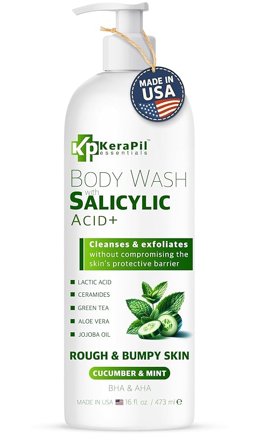 KERAPIL Exfoliating Body Wash with Salicylic Acid - No Dry Out, Gentle Exfoliates Rough and Bumpy Skin, Body Acne Wash, BHA & AHA - Cucumber and Mint Salicylic Acid Body Wash - (16 fl oz)
