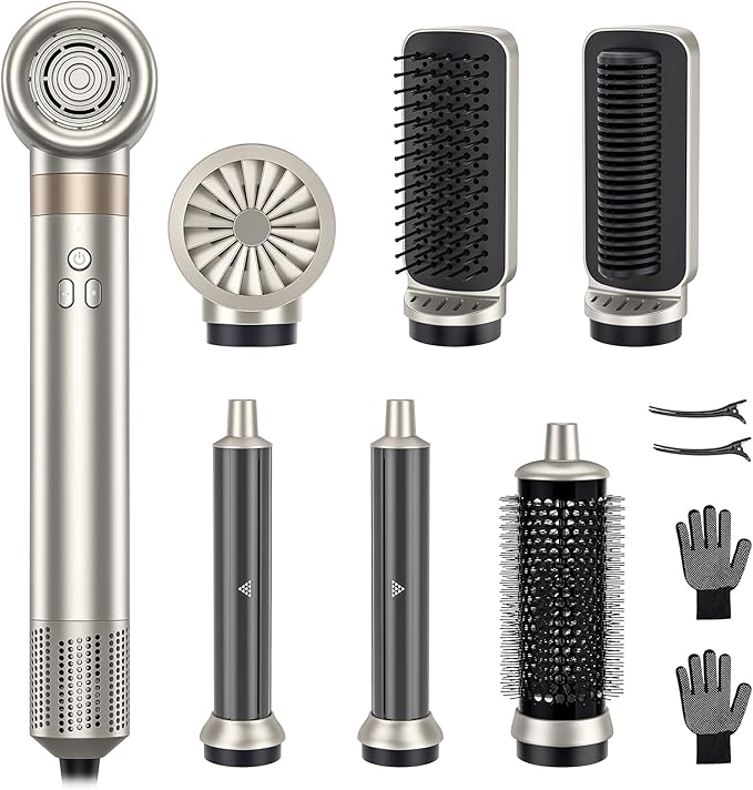 6-in-1 Hair Styler, Hair Dryer, Multi-Function Hot Air Brush Set, Ionic Blow Dryer with Interchangeable Attachments for Curling, Straightening, Volumizing, Gift for Women(Champagne Gold)