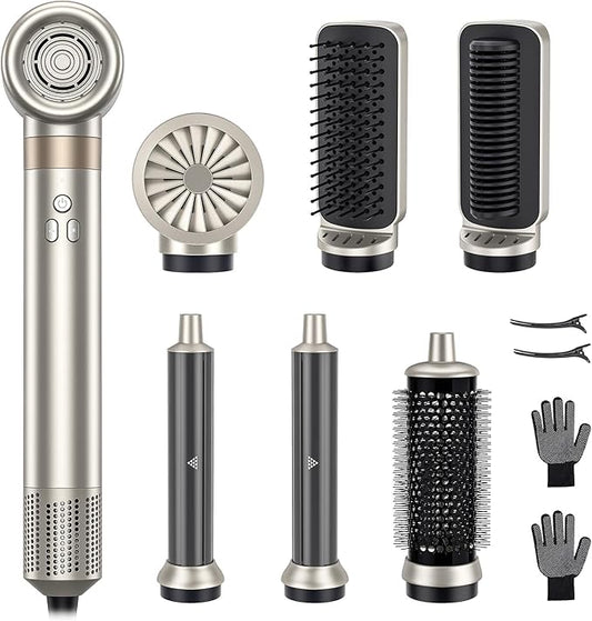 6-in-1 Hair Styler, Hair Dryer, Multi-Function Hot Air Brush Set, Ionic Blow Dryer with Interchangeable Attachments for Curling, Straightening, Volumizing, Gift for Women(Champagne Gold)