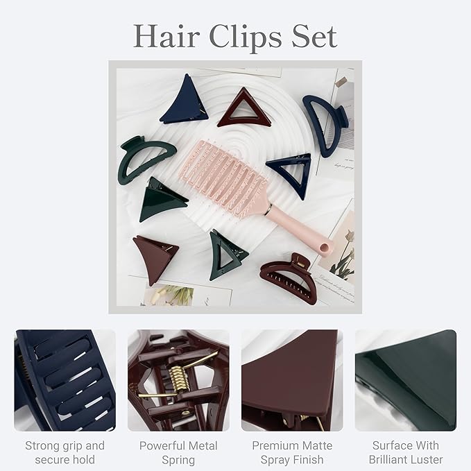 Bold Tones Hair Accessories Set - 9 Medium Hair Clips (Arched & Triangle), 1 Hair Brush | Non-Slip Hair Clips for Thin Hair (Burgundy, Navy, Forest Green)