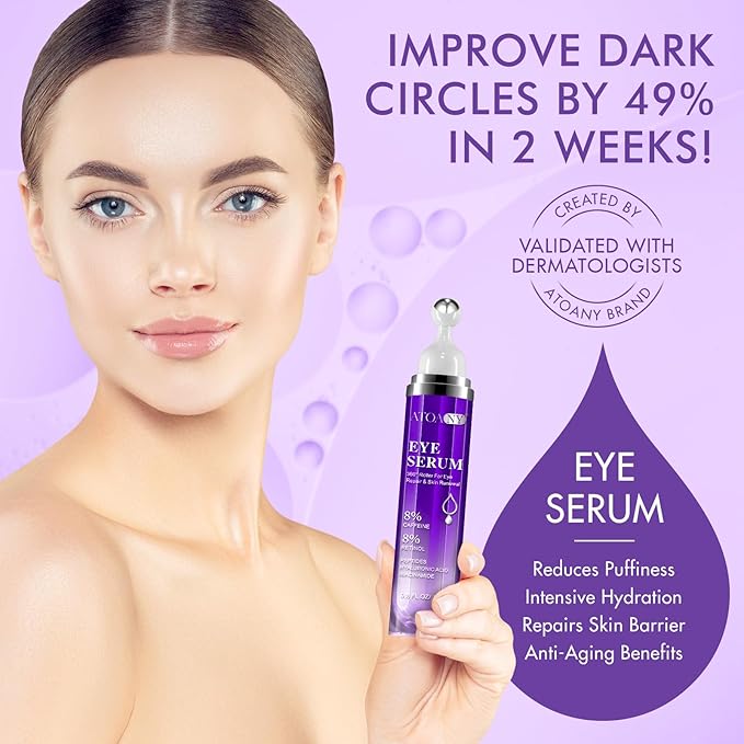 Eye Serum with 8% Caffeine & Retinol for Dark Circles & Puffiness, Under Eye Cream with Hyaluronic Acid, Niacinamide & Peptides, 360° Roller Massage Ball, Fine Line & Wrinkle Care, 0.5 fl oz