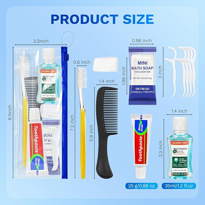 Personal Hygiene Kit Bulk Pack of 50,Yellow Basic Travel Toiletry Set Disposable Toothbrushes with Toothpaste Mouthwash Floss Comb Cover and Zip Bag for Homeless,Charity,Guests