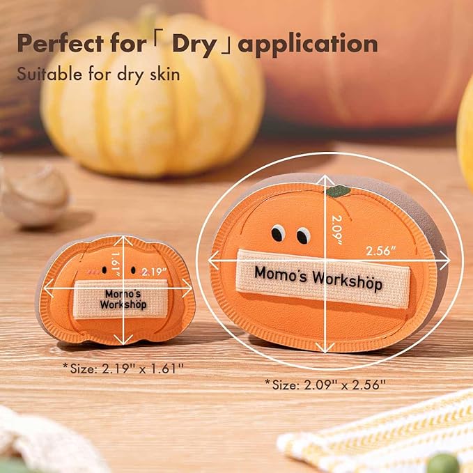 Momo's Workshop Cute Pumpkin Makeup Sponge 3-Pack, High-Density Rubycell for Cream Skin Finish, 1 Large + 2 Mini for Foundation & Concealer, Soft & Elastic for Dry Skin,Travel-Friendly