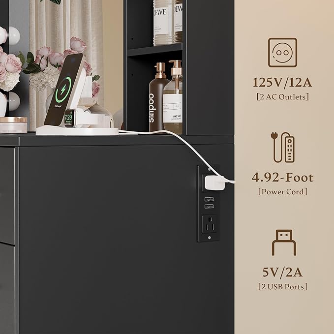 Makeup Vanity with Drawers, 43" Black Vanity Desk with Mirror and Lights, 11 Drawers & 4 Shelves, Power Outlet & Adjustable LED Lights, Dressing Table for Women & Girls Bedroom