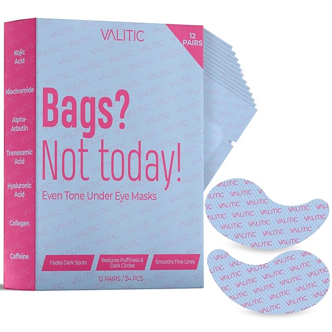 VALITIC Kojic Acid Under Eye Masks - Brightening Under Eye Patches Travel Essentials for Women and Men - Fades Dark Circles and Reduces Puffy Eyes - with Niacinamide, Collagen and Caffeine - 12 Pack