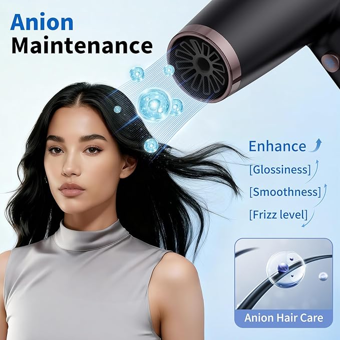 Professional Ionic Hair Dryer with 2 Attachments (Diffuser & Concentrator), High-Speed Blow Dryer for Women Men, Lightweight Quiet Hairdryer for Travel & Home, for All Hair Types