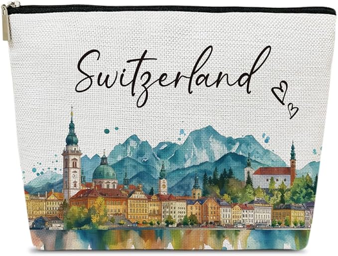 Ythuil Switzerland Trip Gifts Makeup Bag, City Travel Cosmetic Bag for Purse, Watercolor Gifts, Switzerland Souvenir, Trip Favors for Traveller Lovers, City Themed Organizer