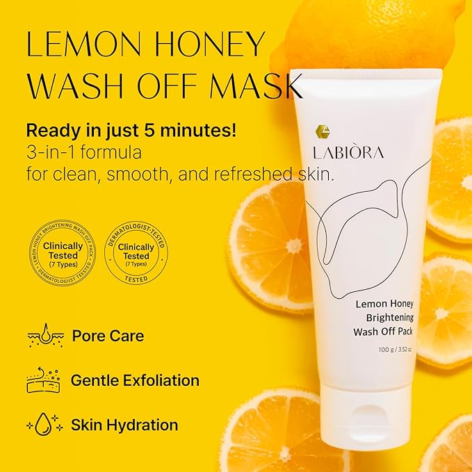 Labiora Lemon Honey Face Mask Wash-Off Pack & Scrub — 5-Minute, Exfoliating, Hydrating, Gentle for Sensitive Skin, with Manuka Honey & Lemon Extract, 3.52 oz (100 g)