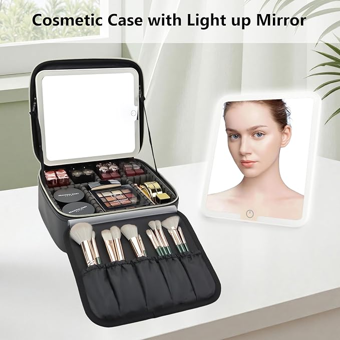 SLUMAZI Travel Makeup Bag with LED Mirror Travel Makeup Organizer with 3 Lighted Settings, Adjustable Dividers and Makeup Brush Storage Bag Black