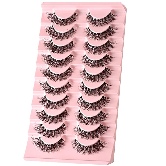 FARRED Natural False Eyelashes Cat Eye Lashes Strips Invisible Band Fake Mink Strip Lash Wispy Thin Clear Band Cateye Eye Lash Pack Full Volume Medium Length 8-14 mm Short Wispies Pestañas Postizas