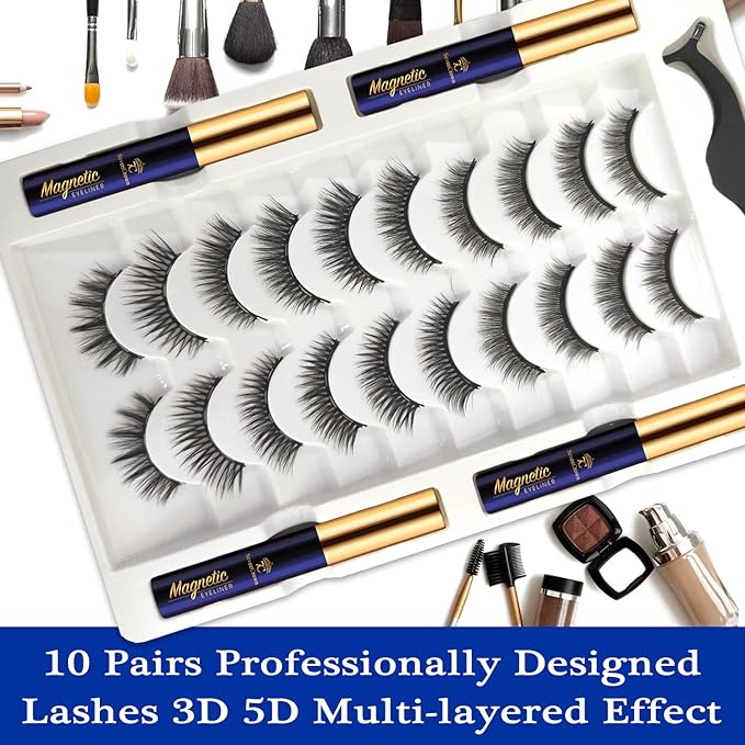 SevenCrown Magnetic Eyelashes, Magnetic Lashes with Eyeliner, Eyelashes Magnetic Lashes Natural Looking,Upgraded Long Lasting,10 Pairs 3D Reusable 5 Magnet False Eyelashes with Applicator