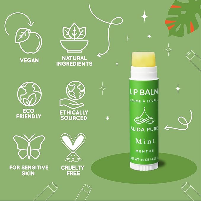 ALIDA PURE Mint Lip Balm Collection, Vegan Set, Beeswax Free, with Organic Jojoba and Avocado Oil, Vitamin E, Natural Moisturizer for Dry, Chapped Lips, 3 Tube Set