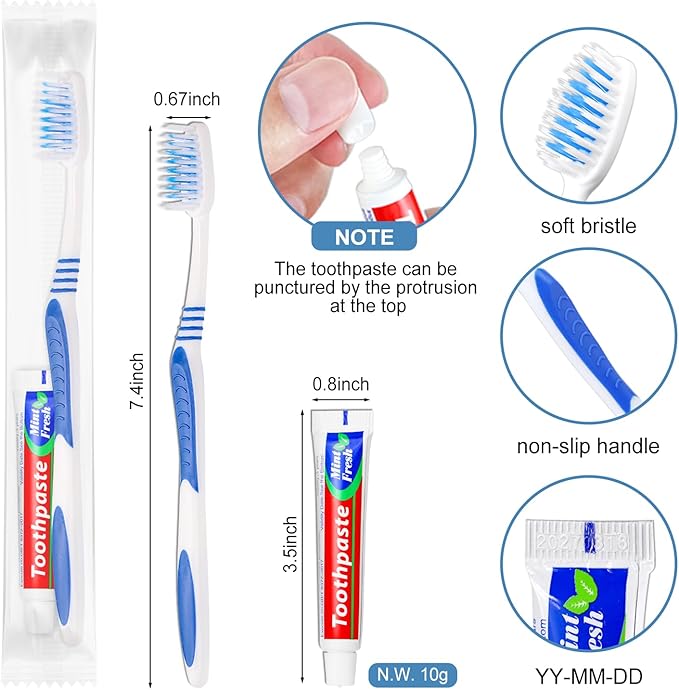 Pack of 50 Disposable Toothbrushes with Toothpaste Individually Wrapped, 10g Travel Toothpaste Single Use Manual Toothbrush Kit for Guests Travel Hotel Nursing (50 pcs,5 Colors)