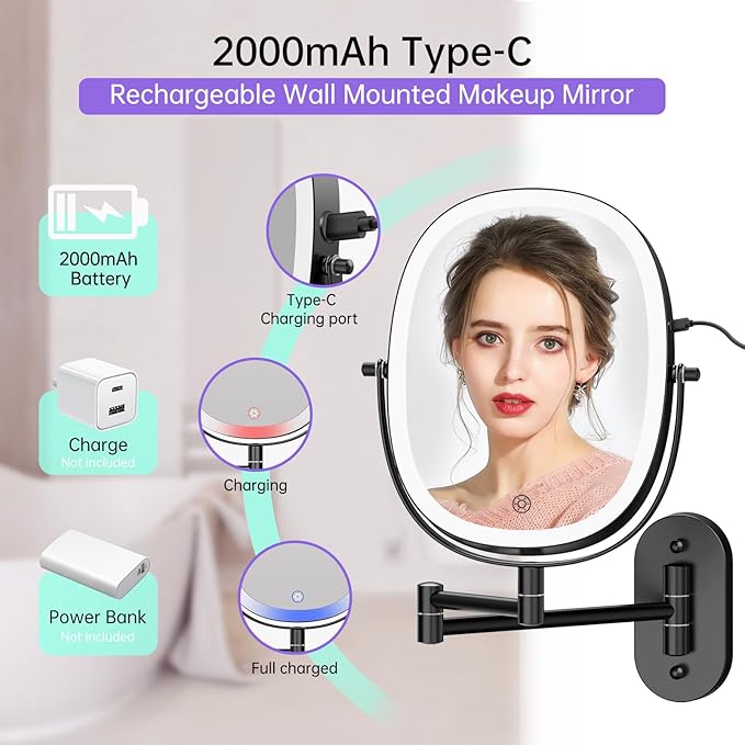 FUNTOUCH Wall Mounted Makeup Mirror with Light, Oval Rechargeable Double-Sided 7X/1X Magnifying Mirror, Vanity Mirror Dimmable 3 Color Light, 360° Extension Rotation Foldable 13.5 in