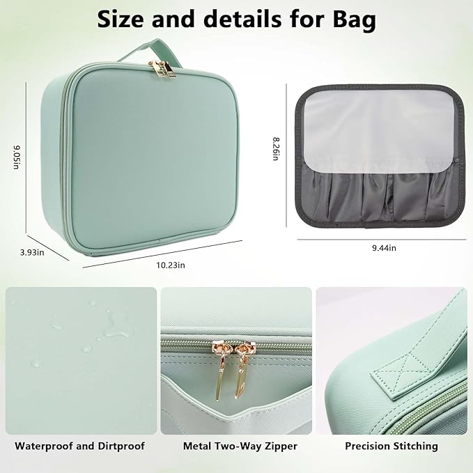 SLUMAZI Travel Makeup Bag with LED Mirror Travel Makeup Organizer with 3 Lighted Settings, Adjustable Dividers and Makeup Brush Storage Bag Light Green