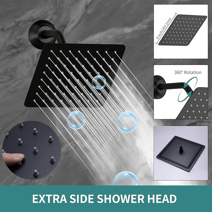 WHSHOWER Rainfall Shower System with 12+8+8" Three Top Shower Heads, Body Jets and Handheld Shower,Matte Black Full Body Shower System with Digital Display Valve