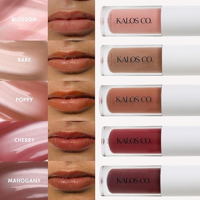 Kalos Co. Tinted Lip Oil with Tallow & Lanolin – Hydrating Balm-Gloss Hybrid with Cherry Seed Oil & Castor Oil – Natural Mineral Pigments, Nourishing Moisture, Non-Sticky Shine (5 Shades) (Bare)