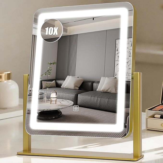 Vanity Mirror with Lights, 12.2"×15" Large LED Makeup Mirror with Light, HD Mirror, Smart Touch with 3-Color Lighting, Dimmable, 360° Rotation, Lighted Up for Vanity Desk Tabletop, Bedroom (Gold)