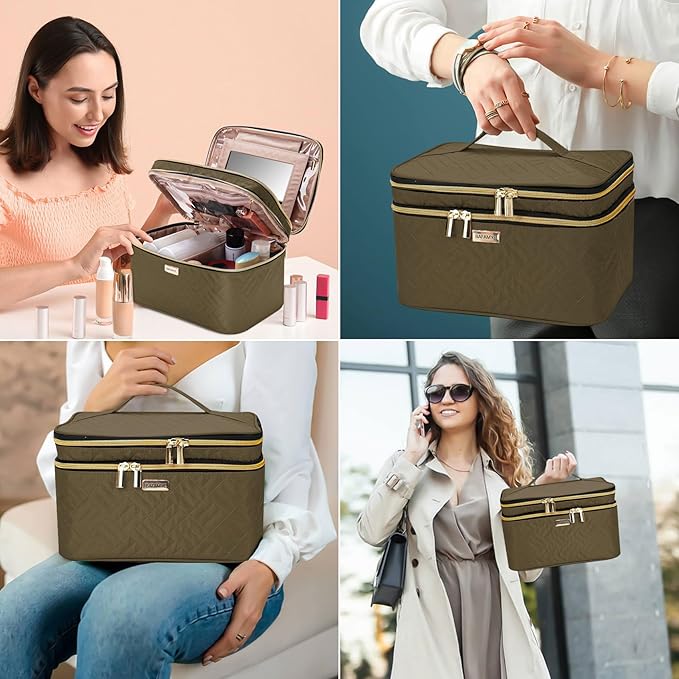 BAFAMYE 8.8L Double Layer Travel Makeup Bag With Mirror For Women, Large Cosmetic Case, Organizer for Travel-Size Accessories Bottles, Brushes,and Skin Care Products, 2.33 GAL, Brown…
