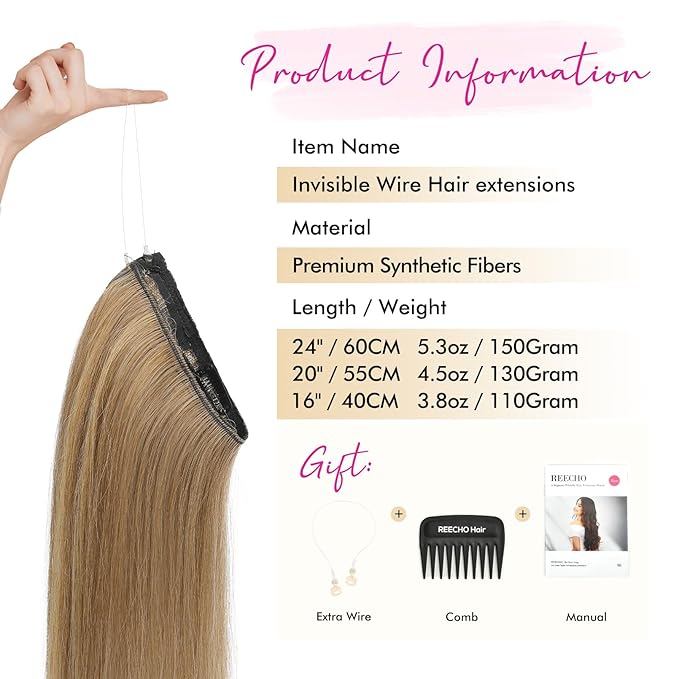 REECHO Invisible Wire Hair Extensions with Transparent Headband Adjustable Size Removable Secure Clips in Straight Secret Hairpiece for Women - 24 Inch, Light Brown with Highlights