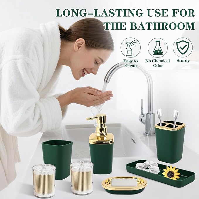XLHOMO Dark Green Bathroom Accessories, 24 Pieces Green and Gold Bathroom Accessories Set with Shower Curtain, Bath Towels, Trash Can, Soap Dispenser and Soap Dish for Bathroom/Housewarming