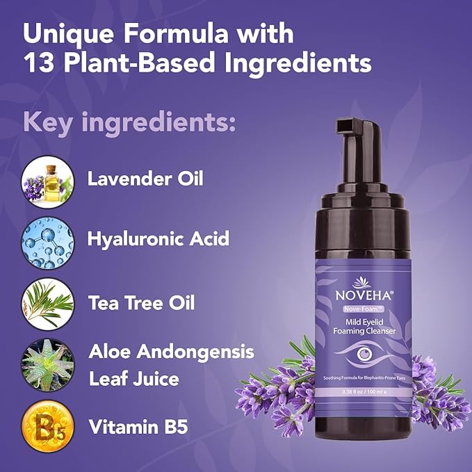 NOVEHA Lavender and Tea Tree Oil Eyelid Foaming Cleanser | Hydrating Hypoallergenic Daily Soap For Eyelashes and Lids, For Demodex, MGD, Stye Eye, Eye Irritations & Dry Skin | 3.38 fl oz (3PK - 100ml)