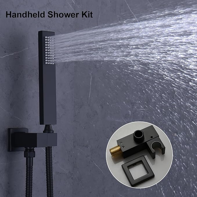 HONGTONGSOWER Bathroom Rainfall Shower System Wall Mount 8 Inch Shower Head With Handled Spray 6 Pcs jets Temperature Display Shower Faucet Set (Matte Black)
