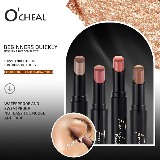 O'CHEAL 4PCS Three Color Gradient Eyeshadow Stick Matte Shimmer Waterproof Long-lasting Crease-proof & easy to apply, suitable for dailymakeup touch-ups，Eye shadow pen set for Make Up