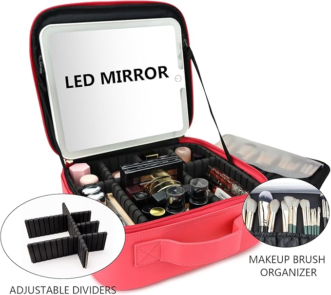 SLUMAZI Travel Makeup Bag with LED Mirror Travel Makeup Organizer with 3 Lighted Settings, Adjustable Dividers and Makeup Brush Storage Bag Light Red