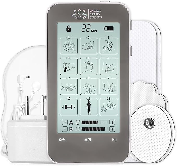 Massage Therapy Concepts TENS Unit with Medical Grade Dual Channel - Professional Tens Machine for Chronic Pain Relief - EMS Muscle Stimulator with 12 Modes and 20 Levels