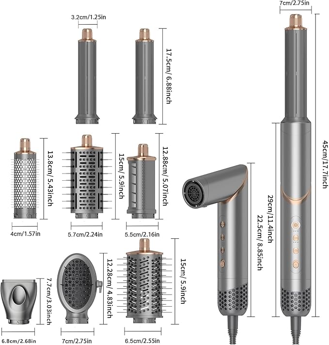 8 in 1 Hair Styler Curler & Air Dryer Brush, High-Speed Negative Ionic Foldable Hair Dryer Fast Drying, Multi Professional Hot Air Styler for Curling Volumizing Straightening Styling(Grey)
