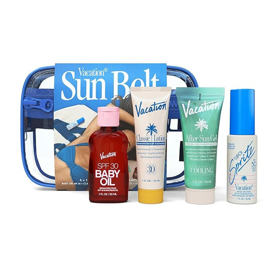 VACATION Sun Belt Sampler Kit, SPF 30-50 Sunscreen Pack, Includes Classic Lotion, Super Spritz Face Mist, Baby Oil, After Sun Gel, Festival Friendly Fanny Pack