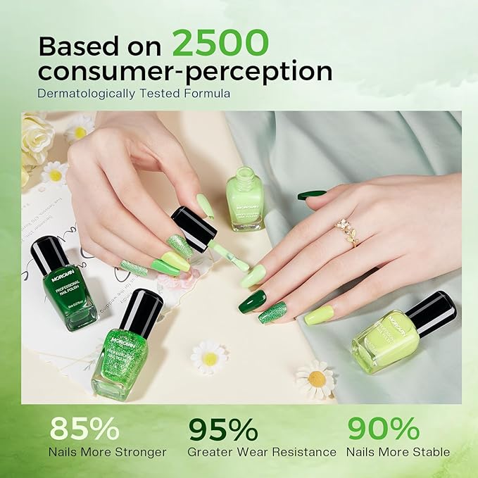 Morovan Green Nail Polish Set: Glitter Emerald Dark Green Spring Summer Fingernail Polish Kit Neon Lime Flash Air Quick-Dry Nail Polish Pack for Nail Art Manicure Gift Holiday Party for Women Girls