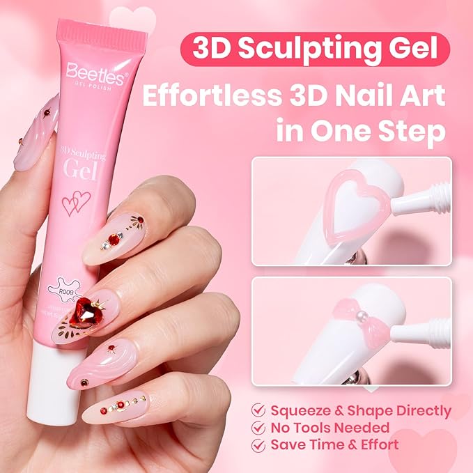 Beetles Valentine’s Day Gift Rhinestones Glue Kit - 3D Gel Nail Art & Sculpting Gel Glue and with Heart Charm Diamond Jewelry, Nail Decorations for DIY Gel Nail Polish