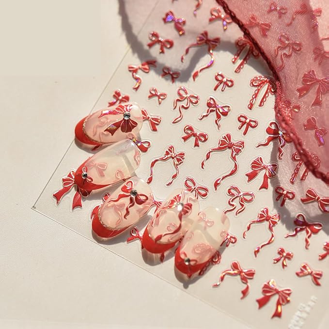 Valentine Bow Nail Art Stickers Bow Nail Decals 3D Self-Adhesive Bows Nail Design Sticker Valentines Manicure Decals Decoration Accessories for Women Holiday DIY Supplies
