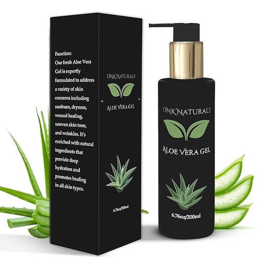 DNK Naturals Aloe Vera Gel made from fresh 100% Pure Aloe - Sunburn Relief - Calms Irritated Skin - Hydrates - With Niacinamide - For Face, Body, and Hair - Vegan, No Fragrance - 200ml