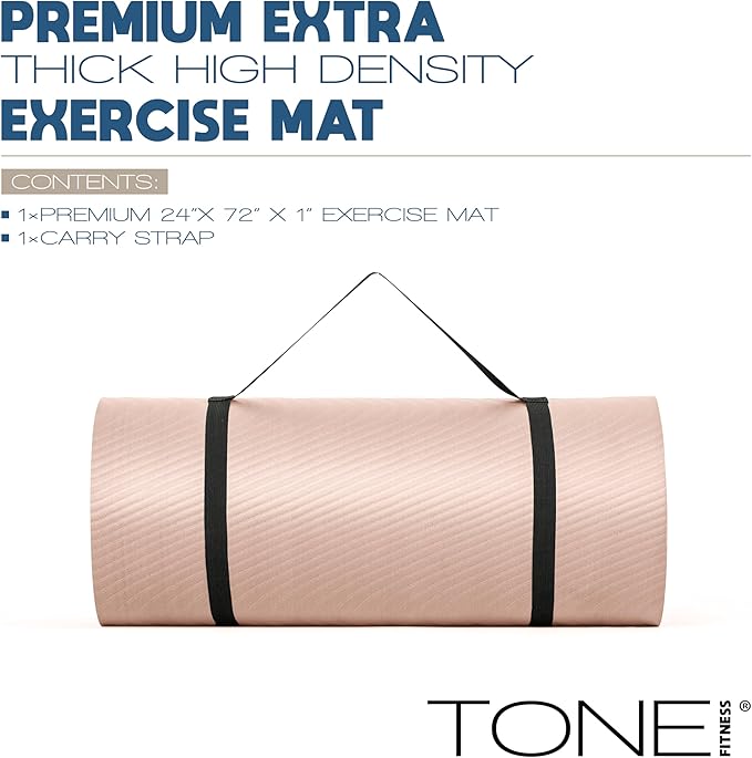 Tone Fitness 1-Inch Thick Yoga Mat | High-Density, Non-slip Exercise Mat with Carrying Strap for Yoga, Pilates, & Home Gym Workouts | Multiple Options