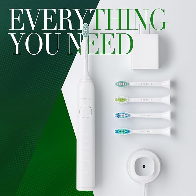 Brushmo Super Sonic Electric Toothbrush with 4 Replacement Heads - Rechargeable Electronic Tooth Brush for Adults with 5 Customizable Modes - IPX7 Waterproof & Long-Lasting Battery - White