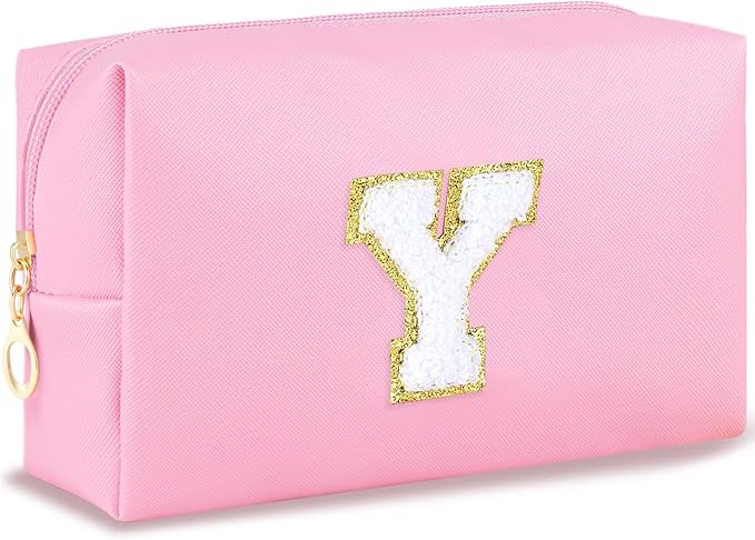URSKYTOUS Initial Makeup Bag Personalized Preppy Travel Small Cosmetic Bag Cute PU Pink Chenille Letter Makeup Pouch for Purse Waterproof Zippered Toiletry Organizer for Women Girls Kids Friends (Y)