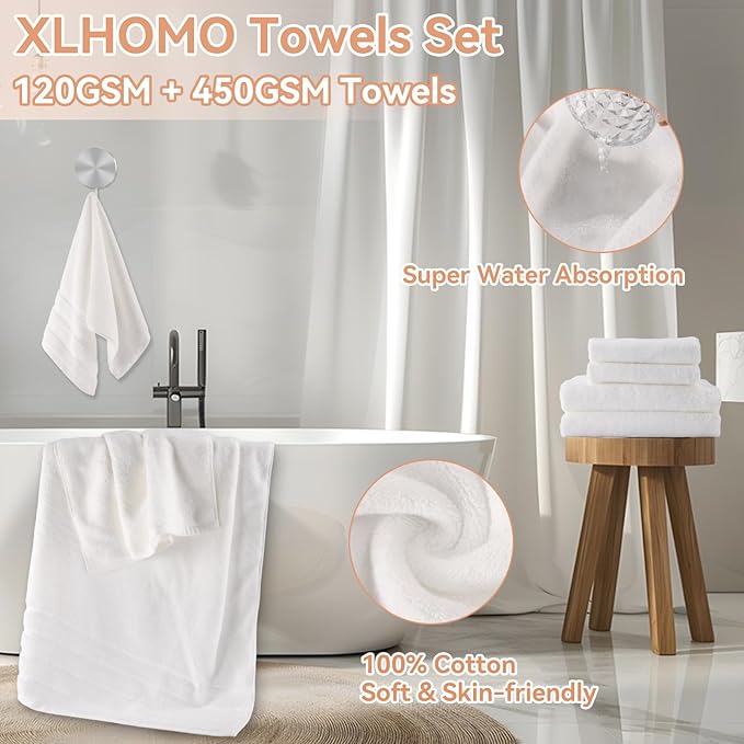 XLHOMO White Bathroom Set with Shower Curtain and Bath Towels, Beige Ombre Waterproof Shower Curtain with Stainless Steel Hooks, White Bathroom Accessories Set for Home Decor
