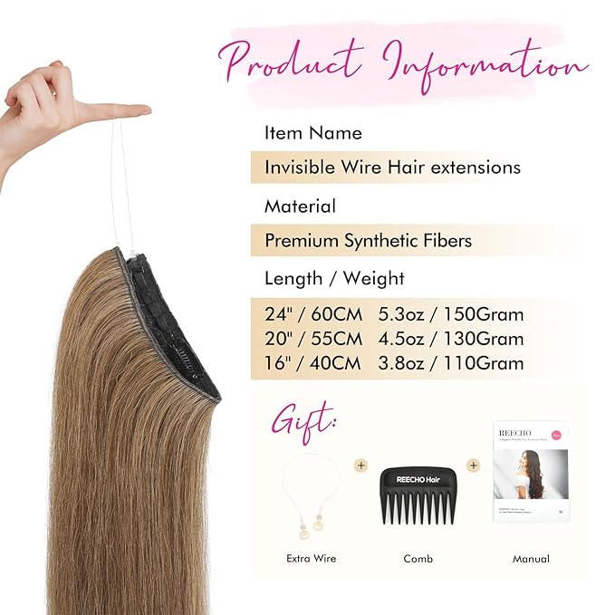 REECHO Invisible Wire Hair Extensions with Transparent Headband Adjustable Size Removable Secure Clips in Straight Secret Hairpiece for Women - 24 Inch, Light Brown