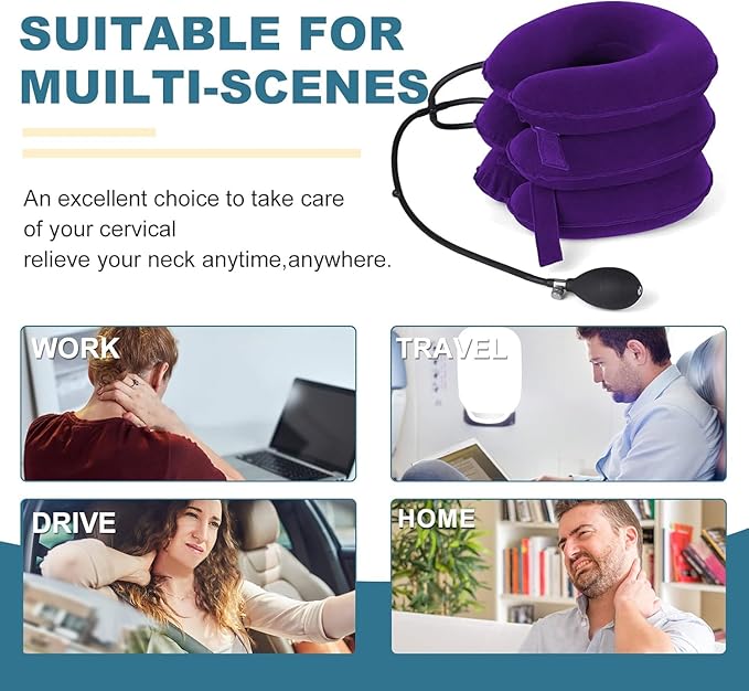 Neck Stretcher, Neck Traction Device, Cervical Traction Device for Neck Pain Relief, Adjustable Inflatable Neck Brace, Neck Decompression Devices Home Use (Purple)