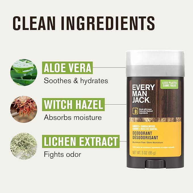 Every Man Jack Men's Deodorant Variety Set - Three Full-Sized Deodorant Sticks with Clean Ingredients & Incredible Scents - Cedar + Red Sage, Amber + Sandalwood, Sea Mineral + Citron - 3 oz - 3 Pack
