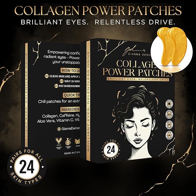 Gianna Demure Undereye Mask Patches for Dark Circles, Puffiness & Wrinkles, Gold Eye Mask with Collagen, Caffeine & Hyaluronic Acid, Vegan & Cruelty-Free Eye Patches for Women and Men (24 Pairs)