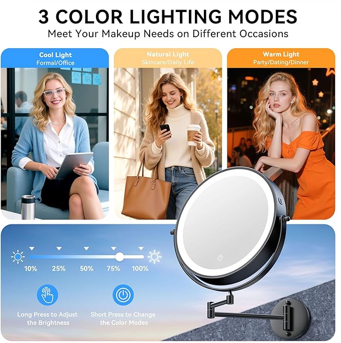 9'' 30X/1X Wall Mounted Lighted Makeup Mirror, 5000mAh Rechargeable Double-Sided Magnifying Mirror with Light, Vanity Mirror Touch Dimmable 3 Colors 360° Rotation Extended Foldable Arm, Power Adapter