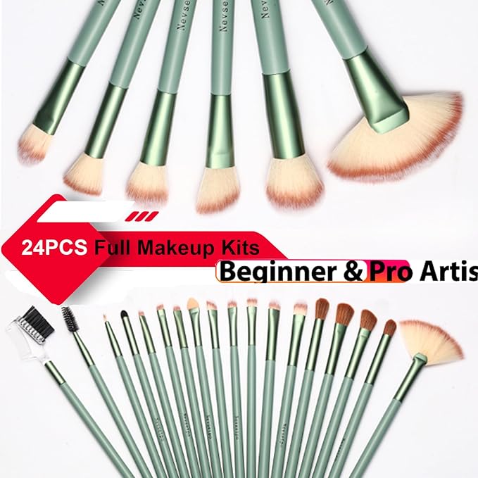 Make Up Brush Sets for Women, NEVSETPO 28PCS Synthetic Makeup Kits Include 24 Makeup Brushes,2 Beauty Blenders, 1 Dual End Masks Spatula, 1 Brush Set Cleaning Mat, Travel-Friendly Makeup Case, Green