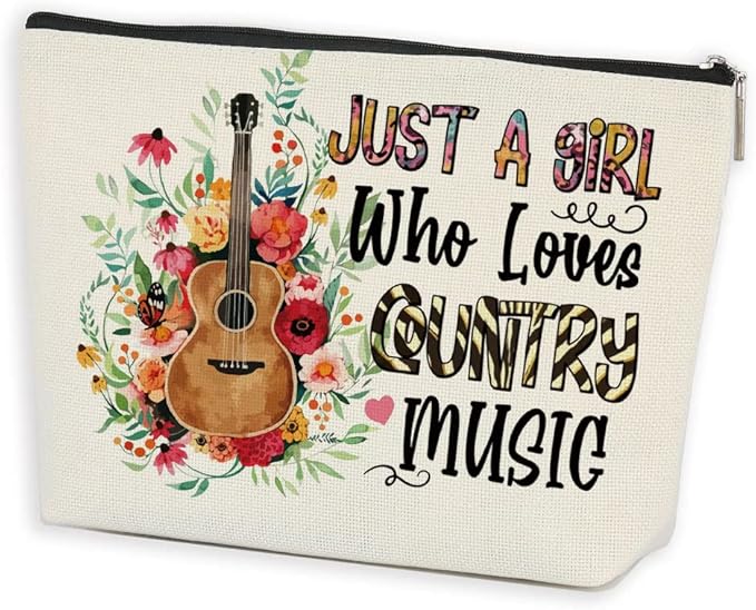 Country Music Lover Gift Guitar Gifts Musical Makeup Bag Singer Travel Pouch Friendship Christmas Birthday Graduation Gifts for Women Her Daughter Just A Girl Who Loves Country Music