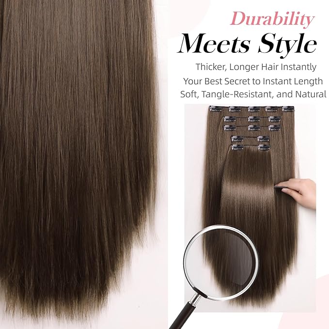 Dark Brown Clip in Extensions 18 Inch Invisible Long Synthetic Extension 5PCS Straight Fake Soft and Not Easily Knotted Clips on Hair Pieces for Women Grils Weddings Party Daily Use 6.5 Oz