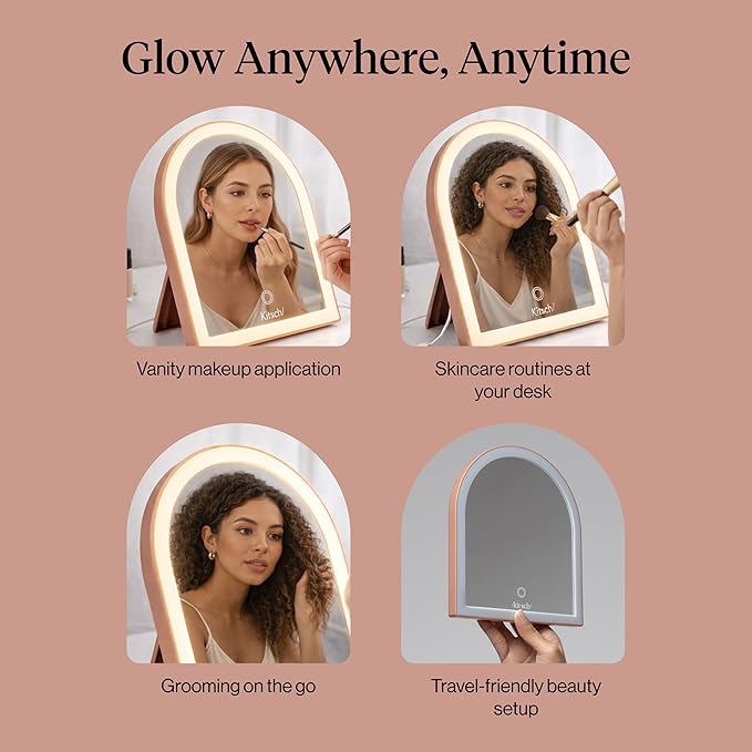 Kitsch Arch Desk Vanity Mirror with Lights, LED Makeup Surface, Touch Sensor Dimmable Warm Neutral Cool Glow, Rechargeable Desk Mirror with Kickstand for Travel - Terracotta